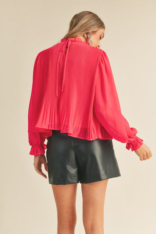 Electric Pink Pleated Ruffle Neck Top