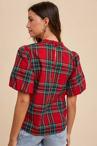 Holiday Plaid Bubble Sleeve Top