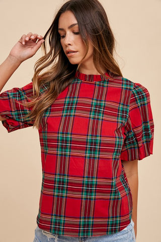 Holiday Plaid Bubble Sleeve Top