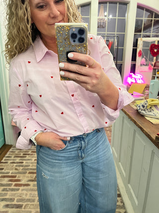 Heart Embroidered Button Down Shirt