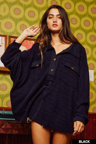 Shirley Black Collared Oversized Button Up Top