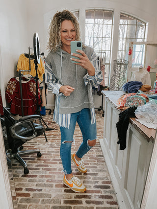 Blue and Grey Striped Hoodie Top