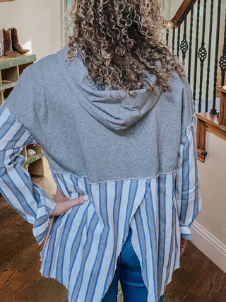 Blue and Grey Striped Hoodie Top